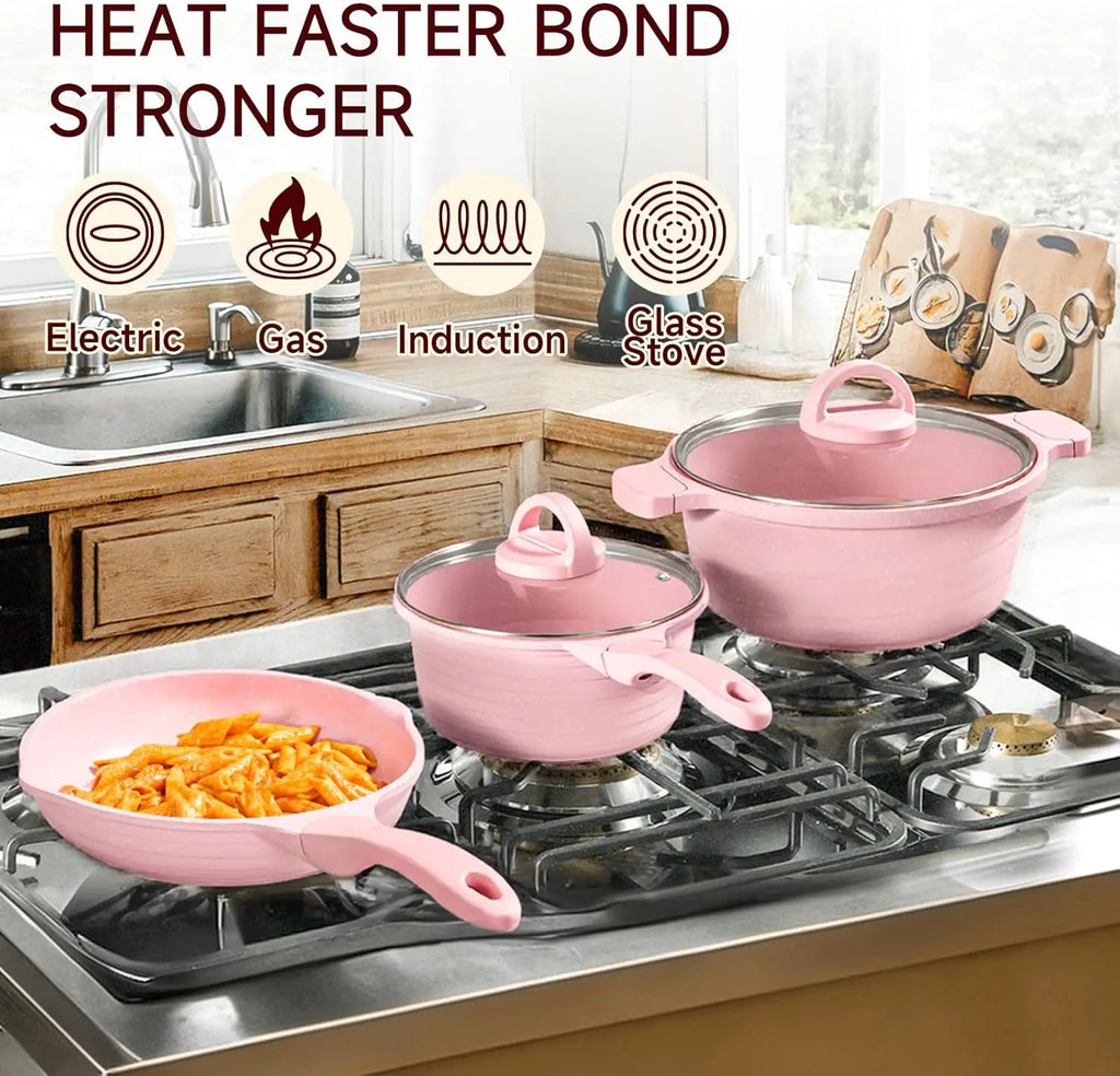 23pc Nonstick Pink Pots and Pans Set, PFAS-Free Healthy Kitchen Cookware, Induction Safe Frying Pans Saucepans Griddle Crepe Pan