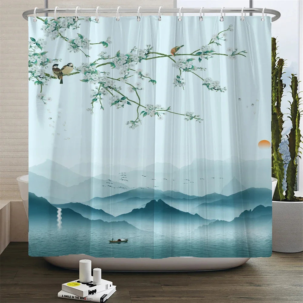 Chinese Style Flower and Birds Tree Shower Curtains