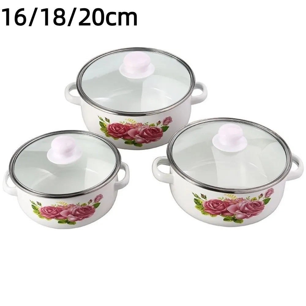 3pcs 16/18/20cm Pot Visible with Lid Kitchen Cookware Set Multi-Purpose Floral Cooking Tools Gas Induction Cooker