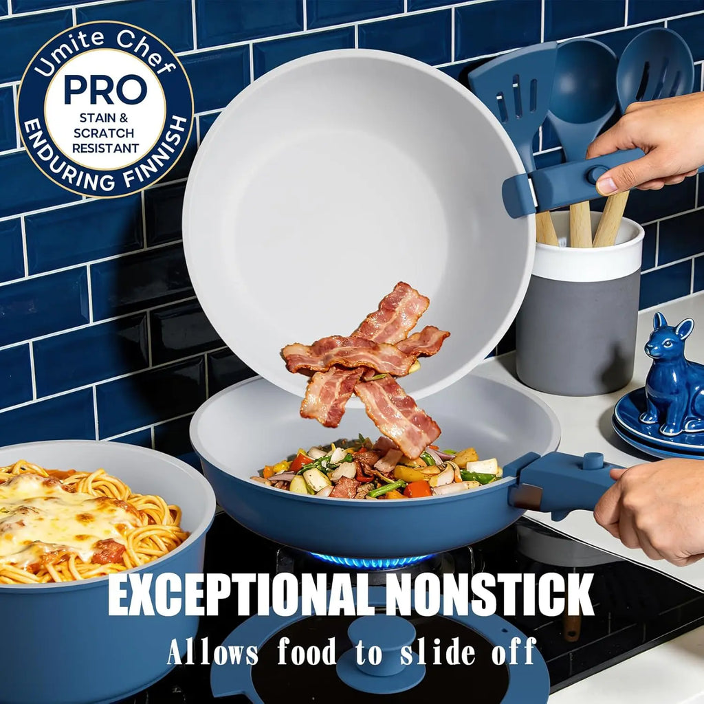 Non Stick Pots and Pans Set, 21 Pcs Ceramic Cookware with Detachable Handles