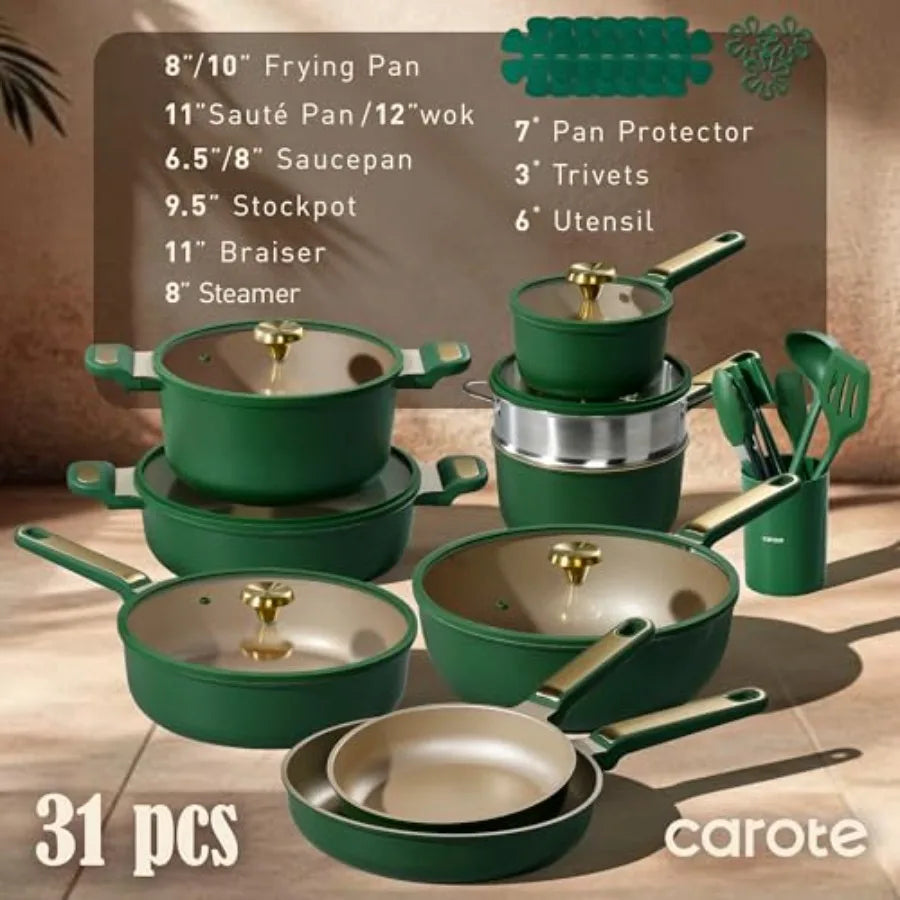 Pots and Pans Set Non stick, Cookware Set, 31pcs NonStick Kitchen Set Induction Cookware Non-toxic Cooking Set, Green