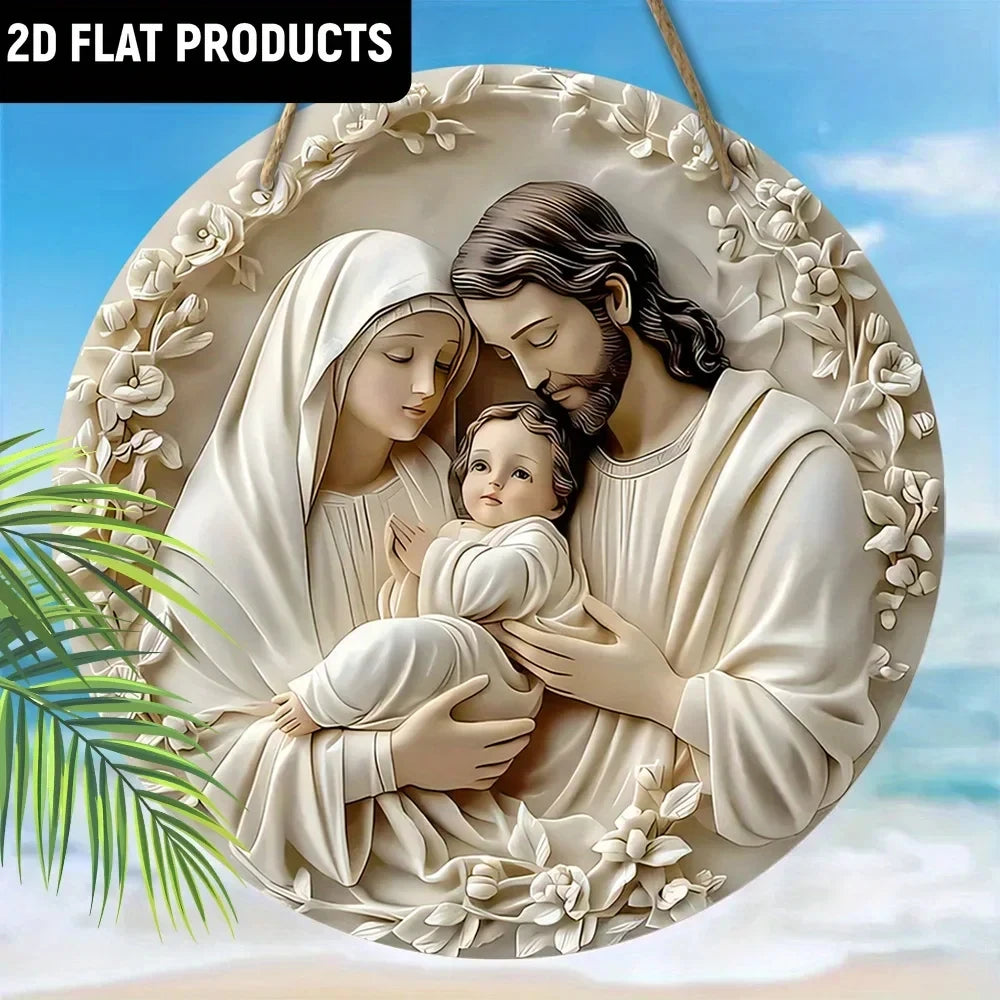 2D Baptism Pray Faith Theme Family Wooden Round Hanging Sign Wall or Door Decor Wall Art