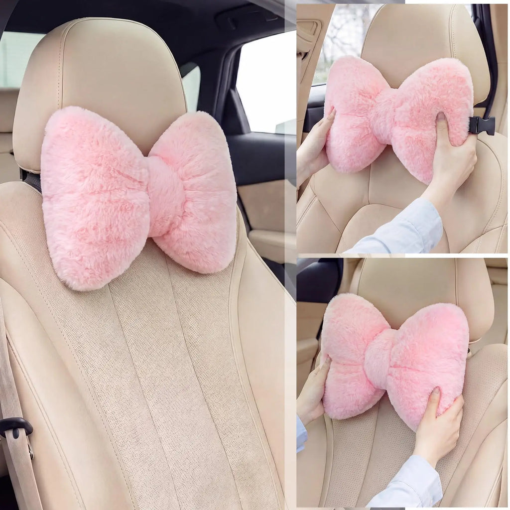 2 Pcs Car Neck Pillow Soft Plush Bow Headrest Support Comfortable