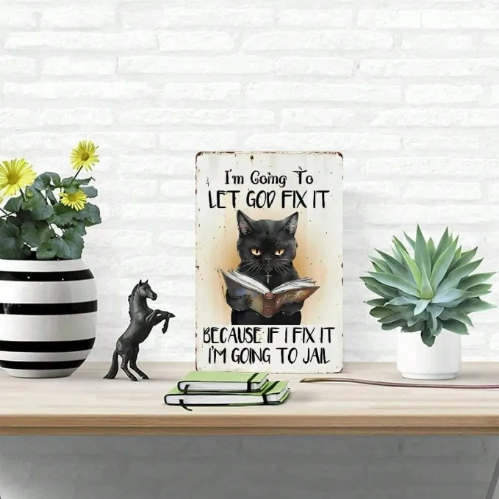 Heavy Wrought Iron Wall Decor - Christian Black Cat with Cross Vintage Hanging Art