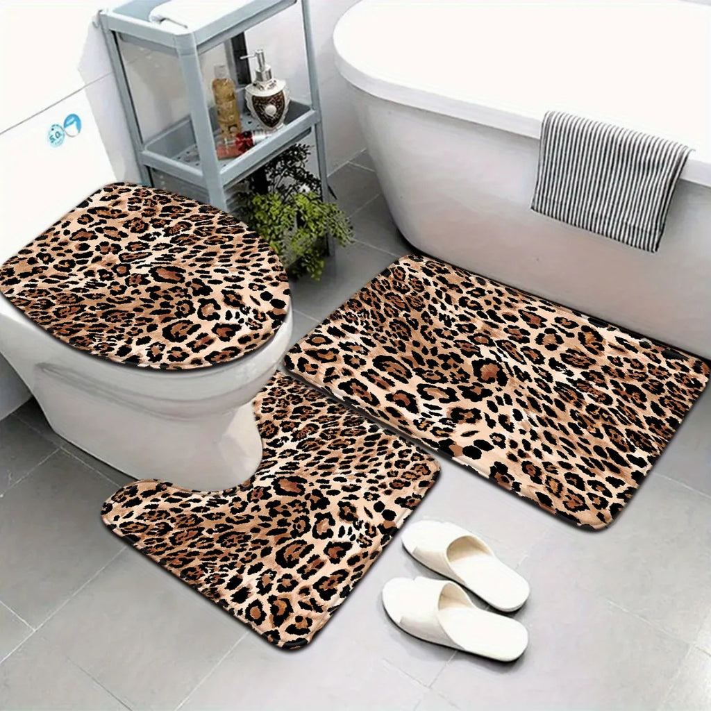Leopard Pattern Bathroom Mat Set Anti Slip Water Absorbing Quick Drying Shower Room Carpet Toilet Floor Mat