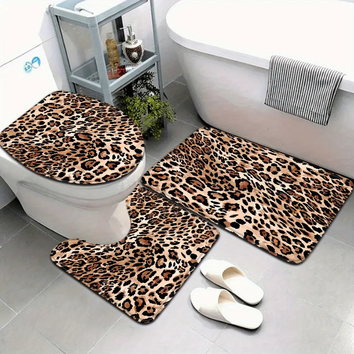 Leopard Pattern Bathroom Mat Set Anti Slip Water Absorbing Quick Drying Shower Room Carpet Toilet Floor Mat