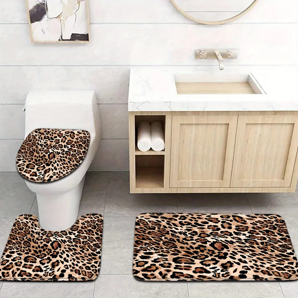 Leopard Pattern Bathroom Mat Set Anti Slip Water Absorbing Quick Drying Shower Room Carpet Toilet Floor Mat