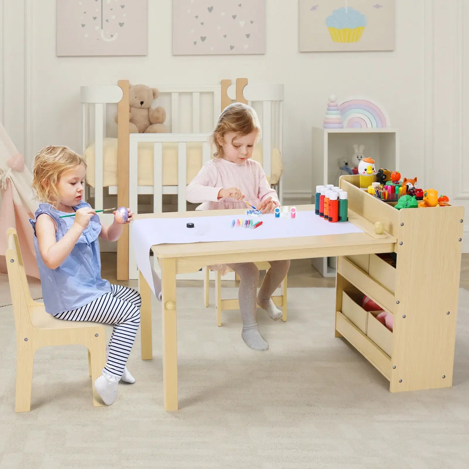 Kids Art Table with 2 wooden Chairs and Storage Shelves.