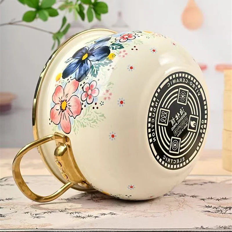 Cookware Enamel Stew Pot Double Handle Classical Flowers Thickened Cooking Pan
