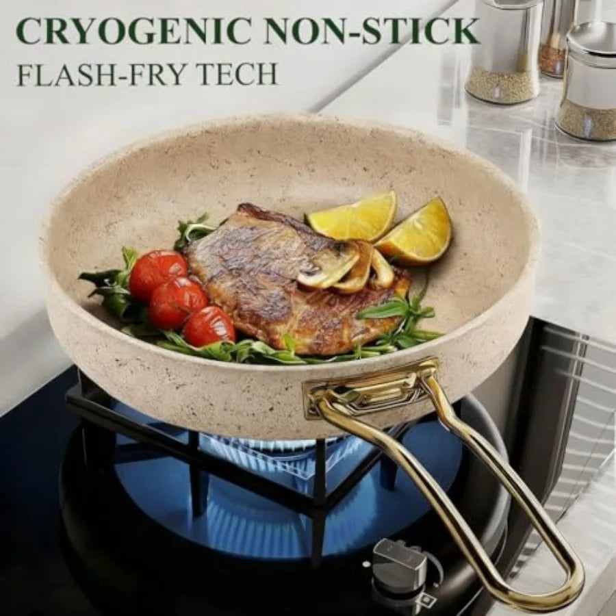 Beige 5-Ply Stainless Steel Cookware Set 12Pcs Nonstick Pots and Pans