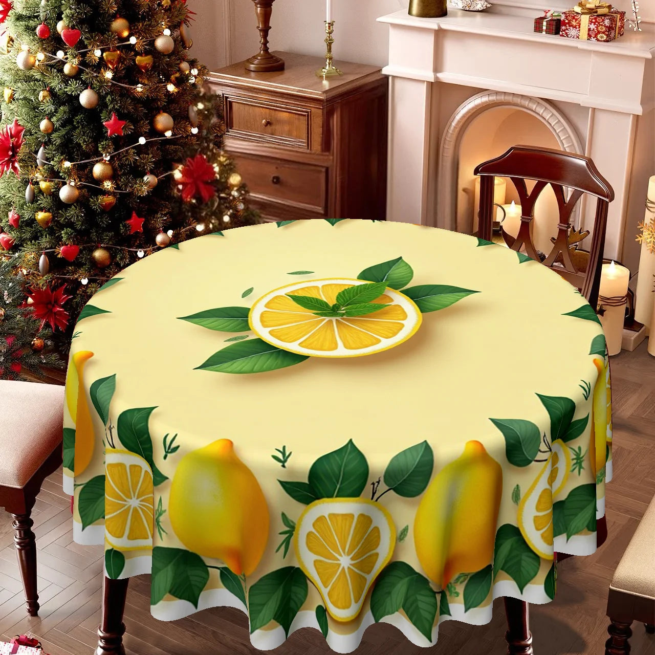 Lemons Theme Orange Green Leaves Tablecloth
