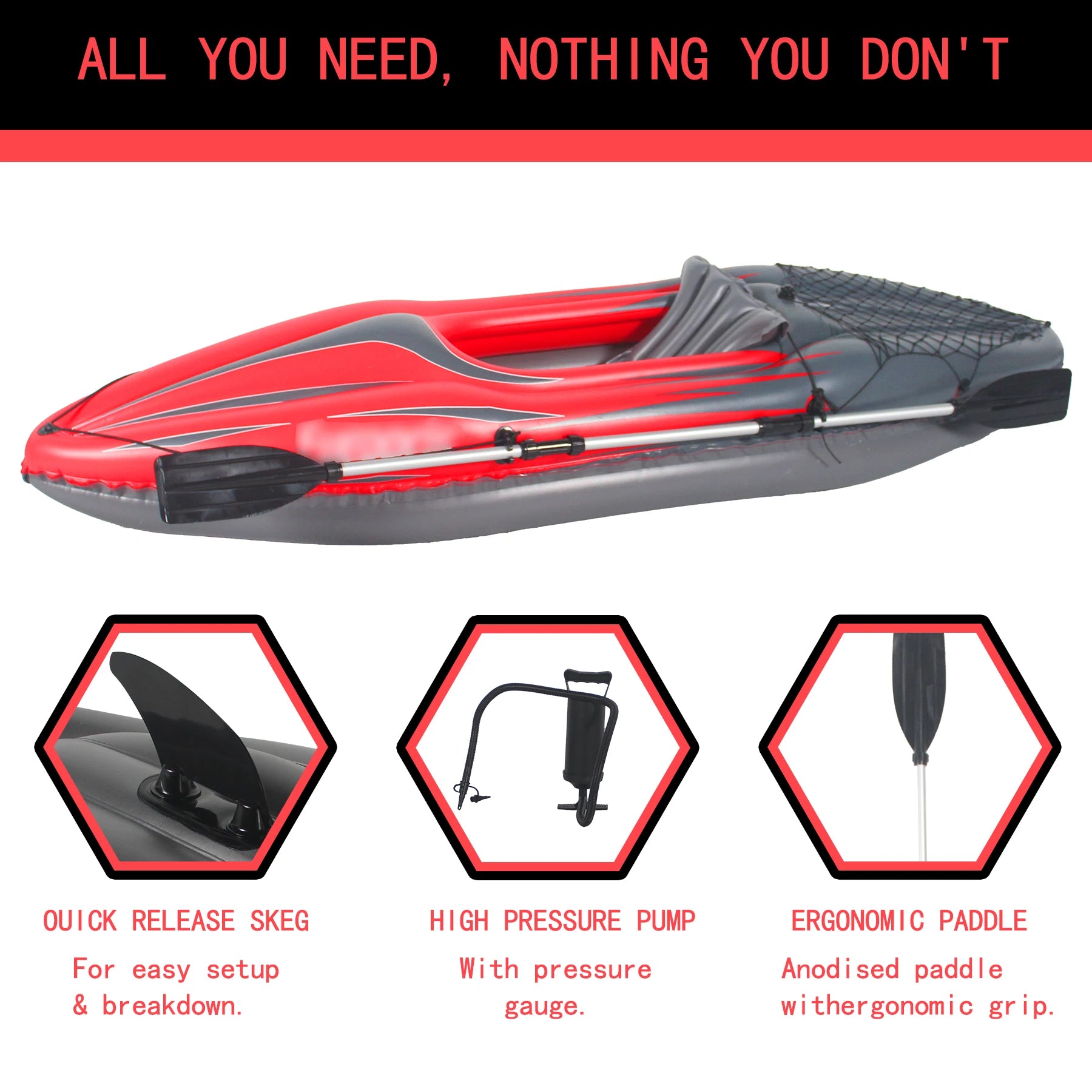 Inflatable Kayak Fishing Boat 1 Person Adult Red Canoe
