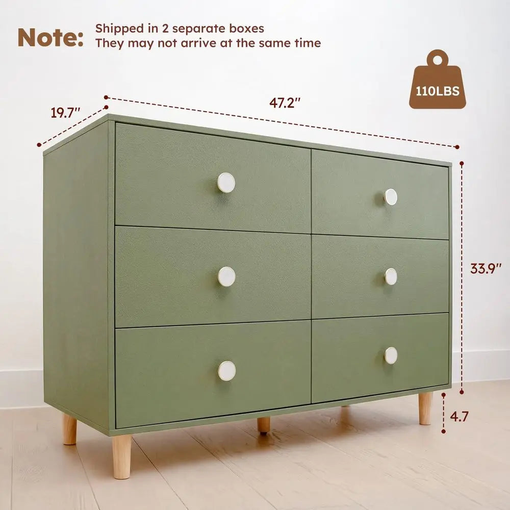 White Baby Dresser 6-Drawer Storage Dresser with Solid Wood Legs for Kids Bedroom Wide Chest Organizer for Baby Clothes Toys Nursery Essentials