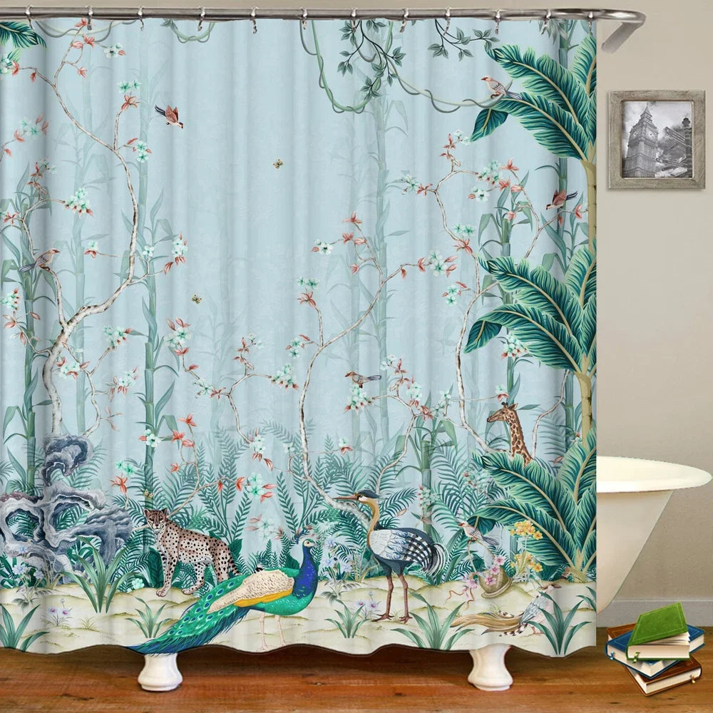 Chinese Style Flower and Birds Tree Shower Curtains