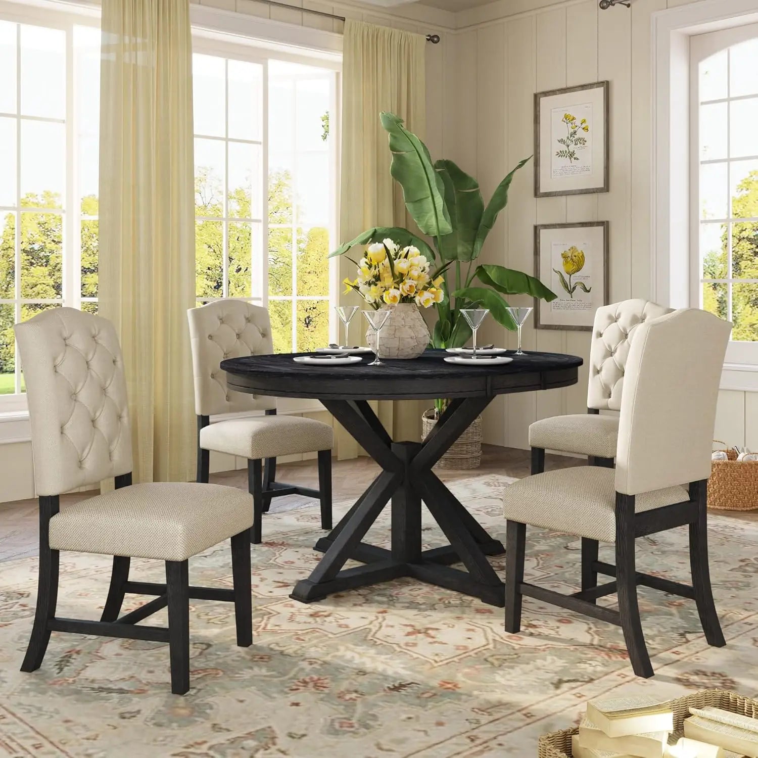 5-Piece Solid Wood Extendable Round Kitchen Table Set with 4