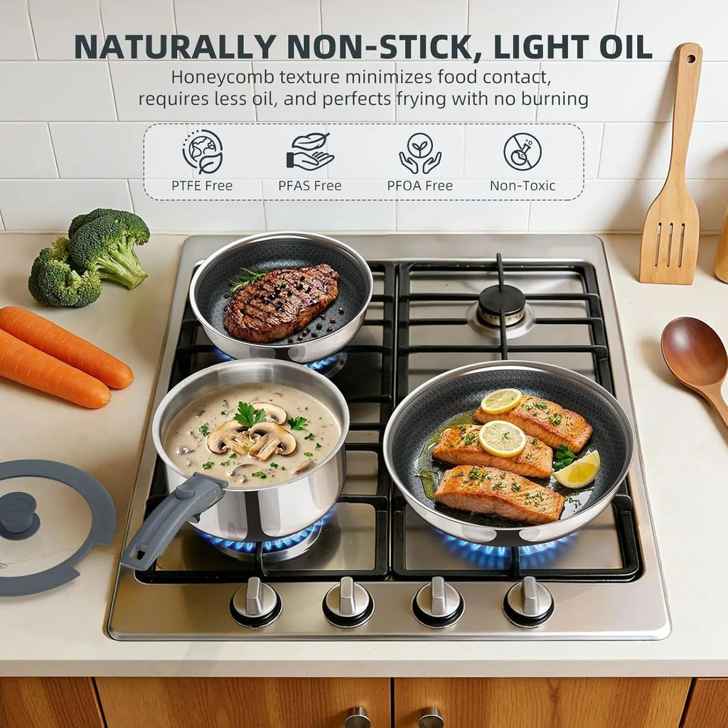 6-Piece Hybrid Stainless Steel Cookware Set with Lids and Detachable Handle
