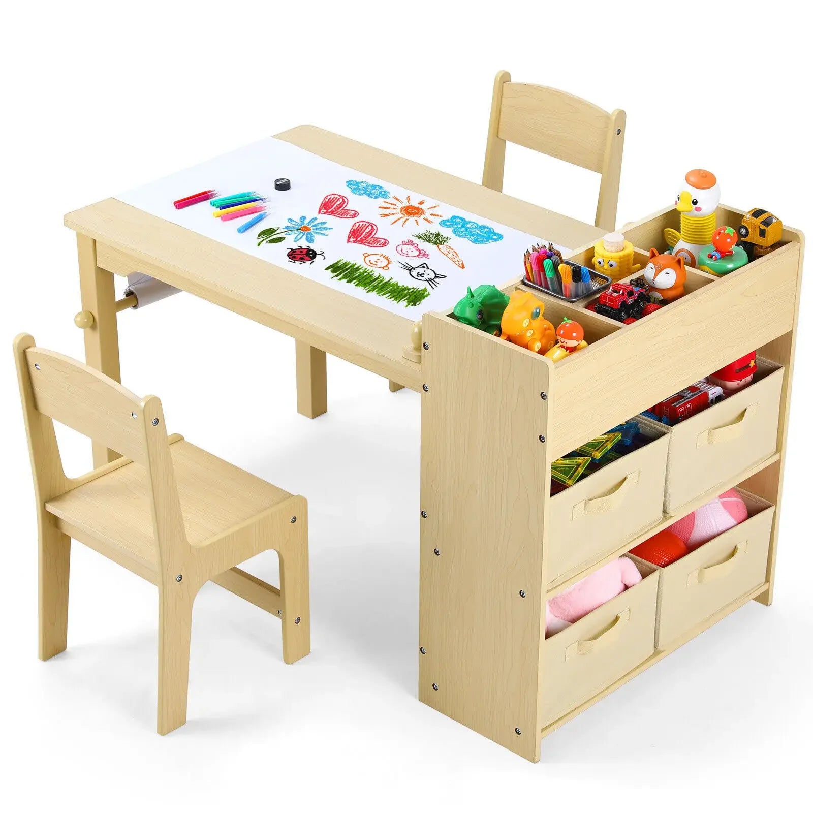 Kids Art Table with 2 wooden Chairs and Storage Shelves.