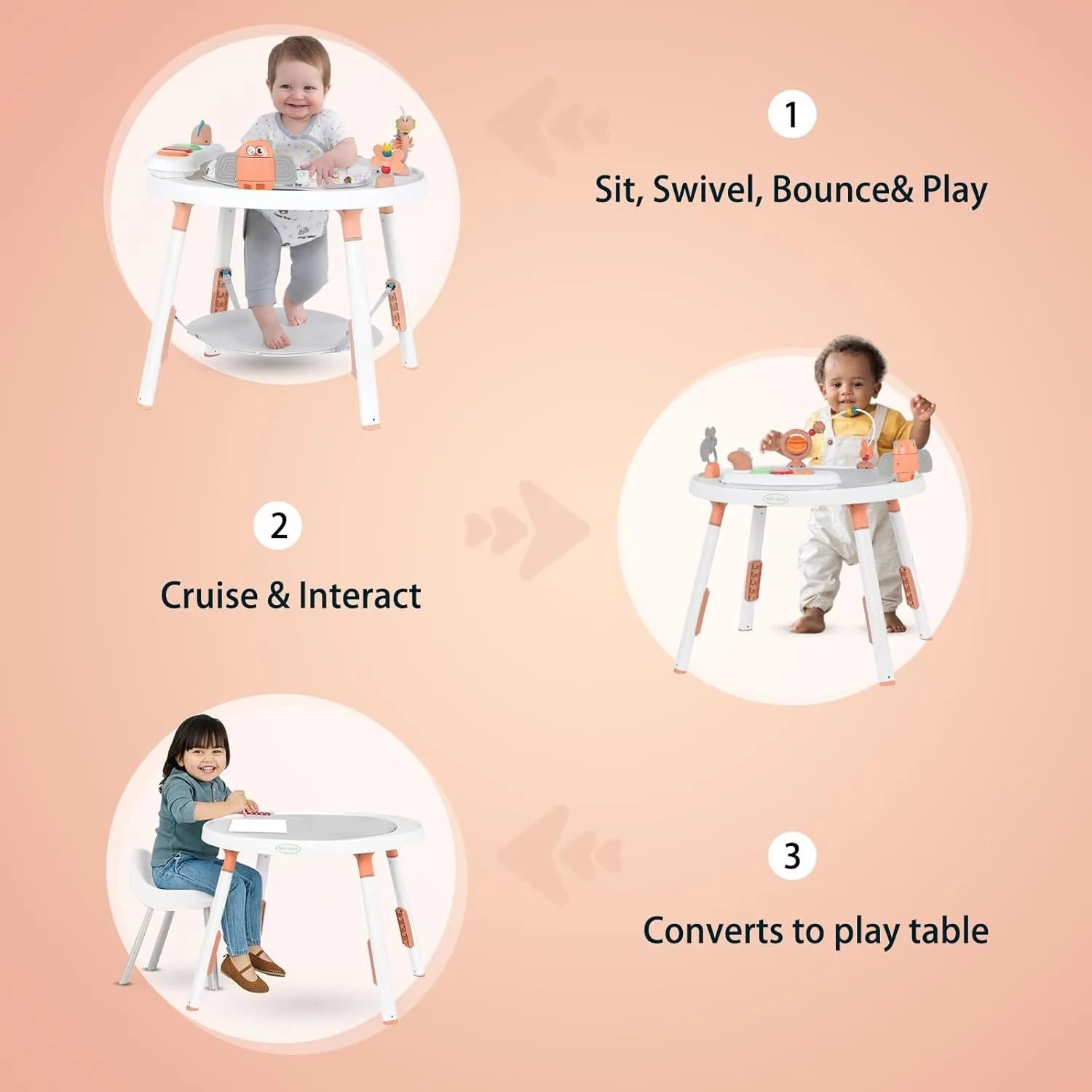 US Shipping 3-in-1 Baby Activity Center Jumper with 360 Rotating Seat Music Lights 3 Height Adjustments for Infant 6+