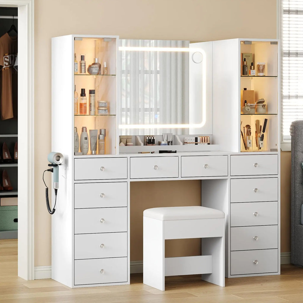 Modern Glass top Corner Vanity Desk with Buil-in Speaker