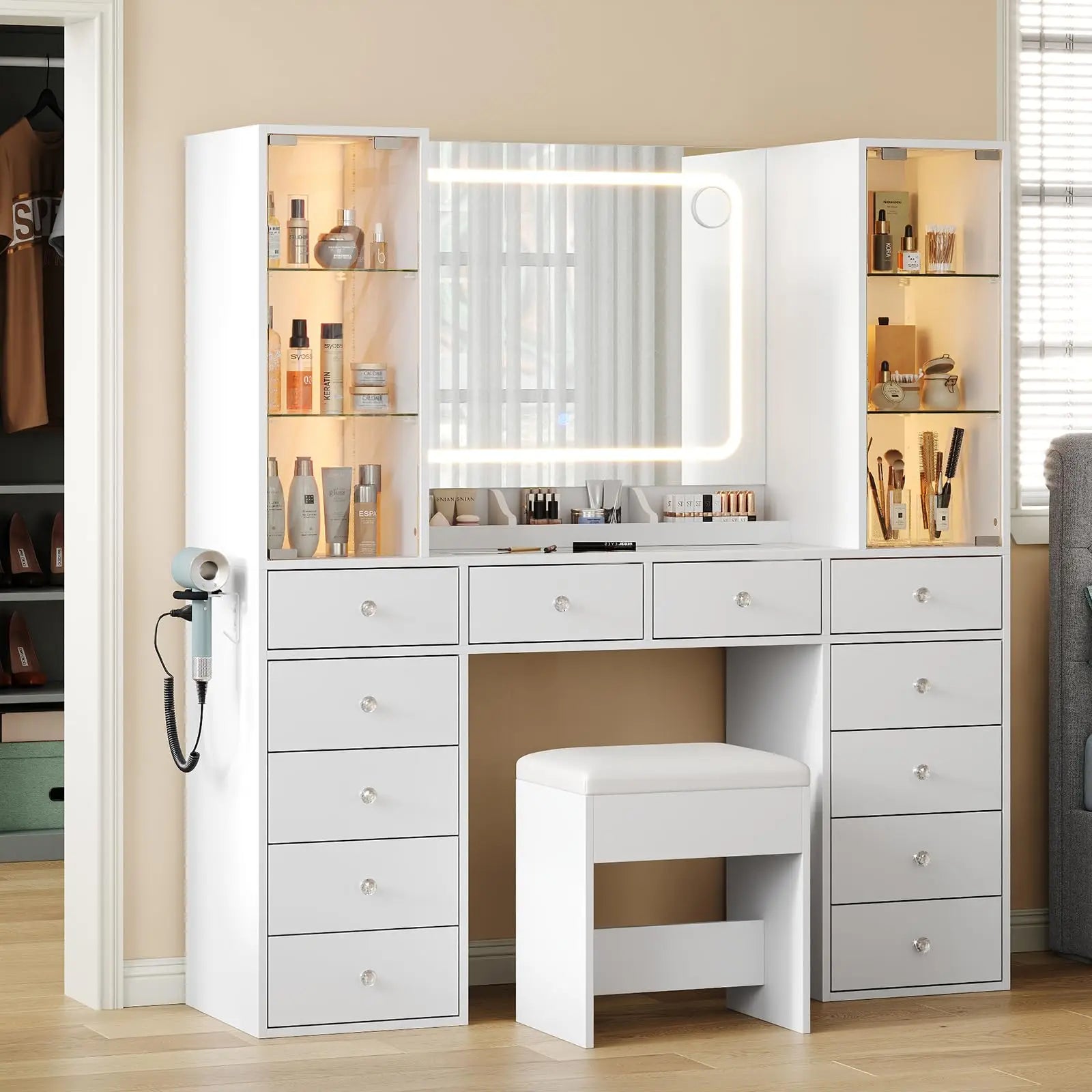Modern Glass top Corner Vanity Desk with Buil-in Speaker