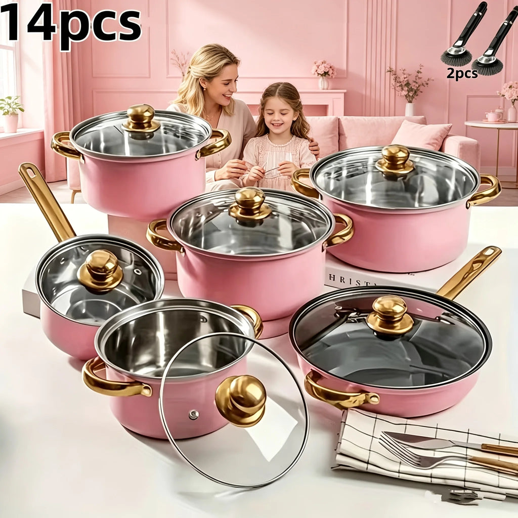 14pcs Heavy-Duty Stainless Steel Non-Stick Cookware Set