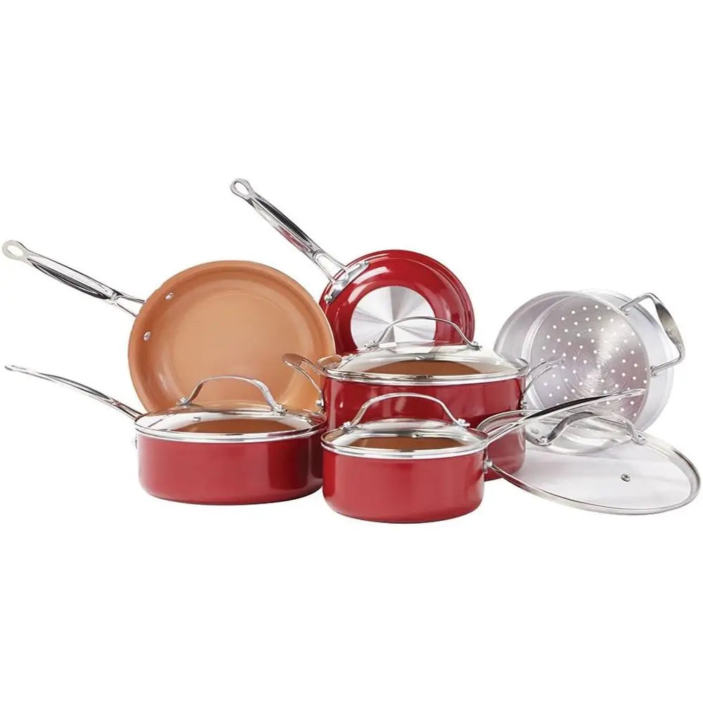 10 Pcs Red Copper Cookware Set Copper-Infused Ceramic Non-Stick Pots Pans Kitchen Cooking Tools