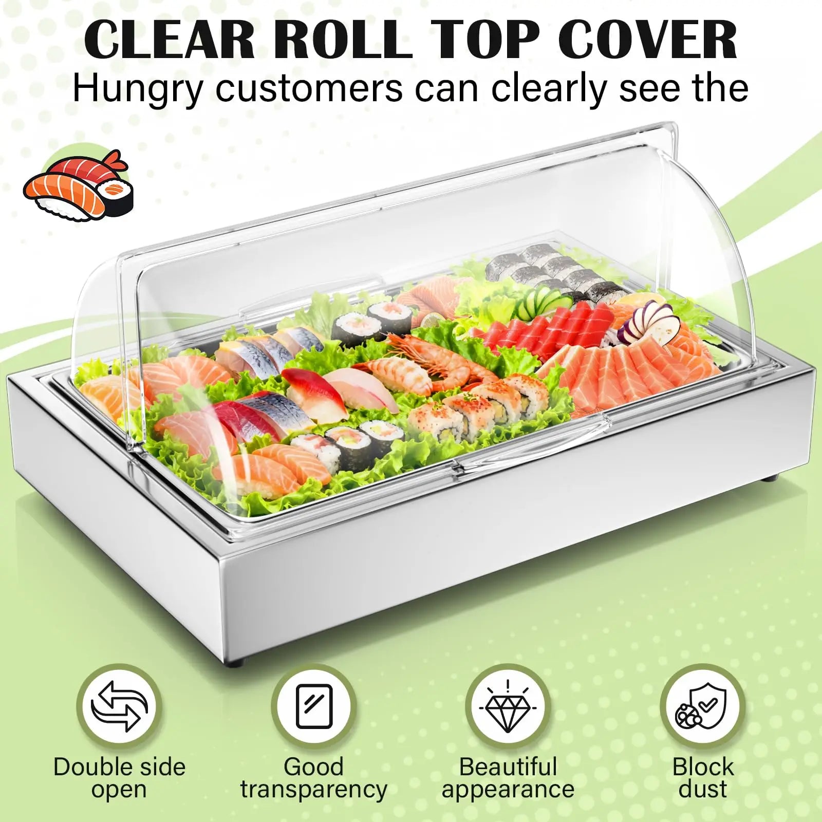 Ice Food Serving Display Tray with Clear Roll Top Cover