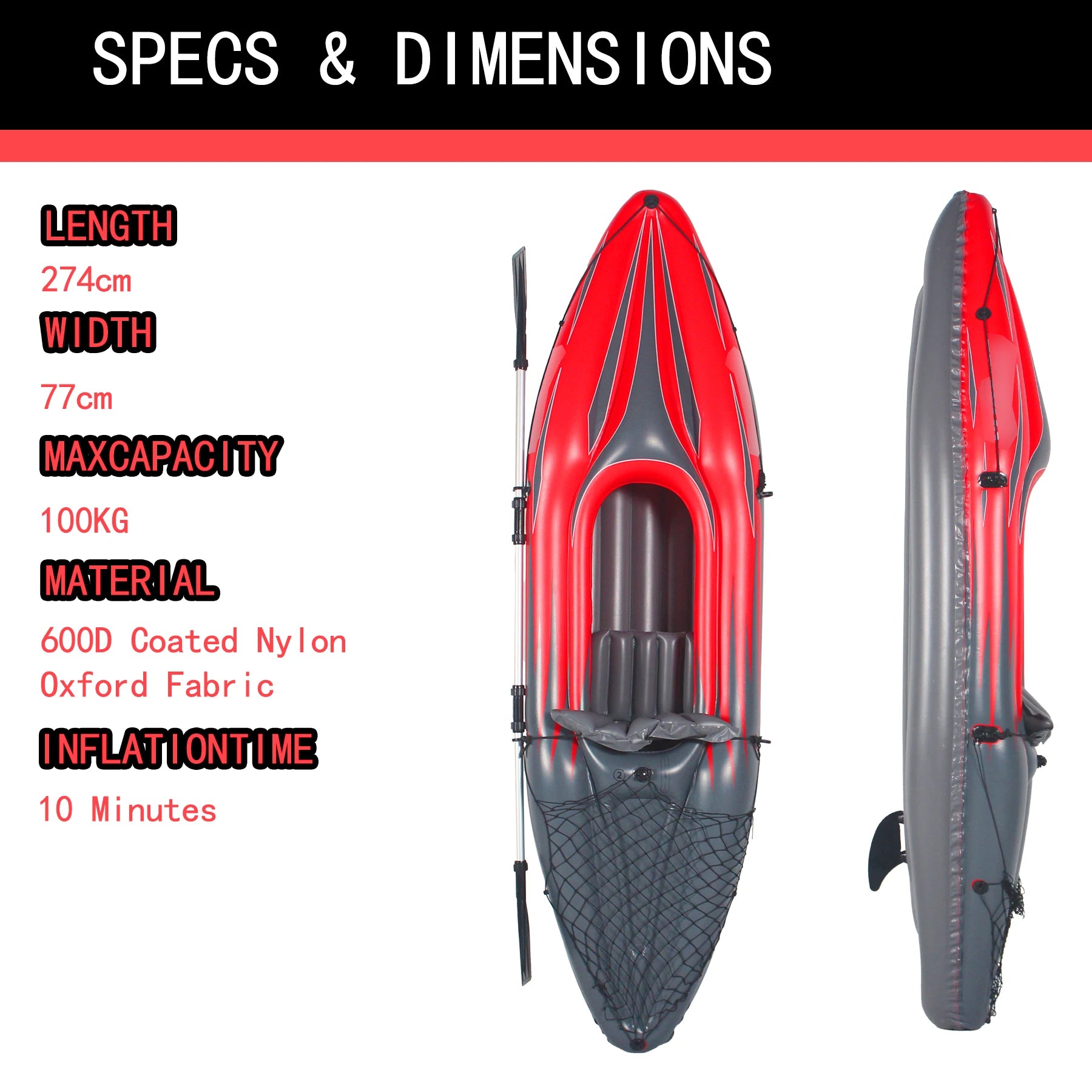 Inflatable Kayak Fishing Boat 1 Person Adult Red Canoe