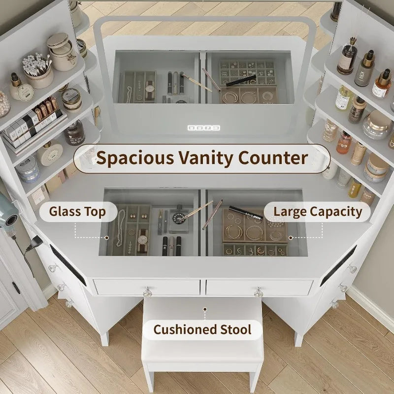 Modern Glass top Corner Vanity Desk with Buil-in Speaker