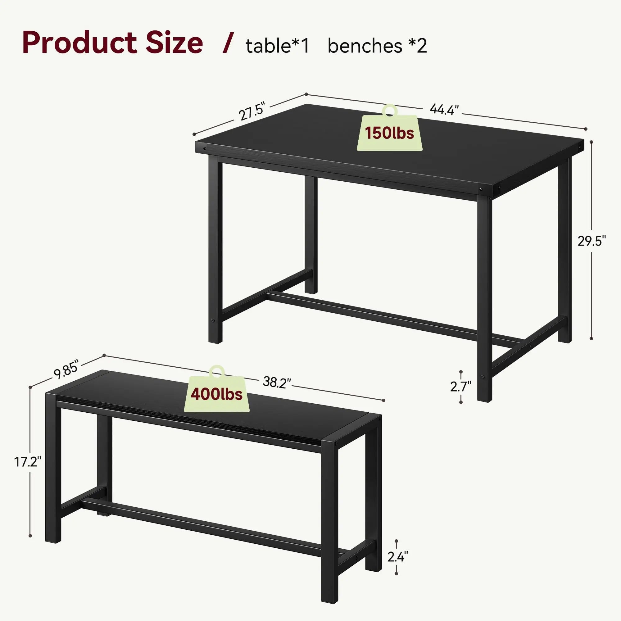 Rectangular Dining Table Set for 4, with 2 Metal Wood Benches