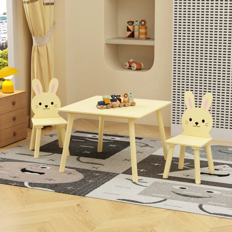 Cream Yellow Wooden Activity Table with 2 Bunny Chairs for Toddlers