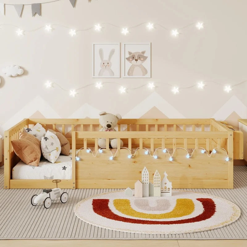 Wooden Kids Bed with Light and Storage Shelf