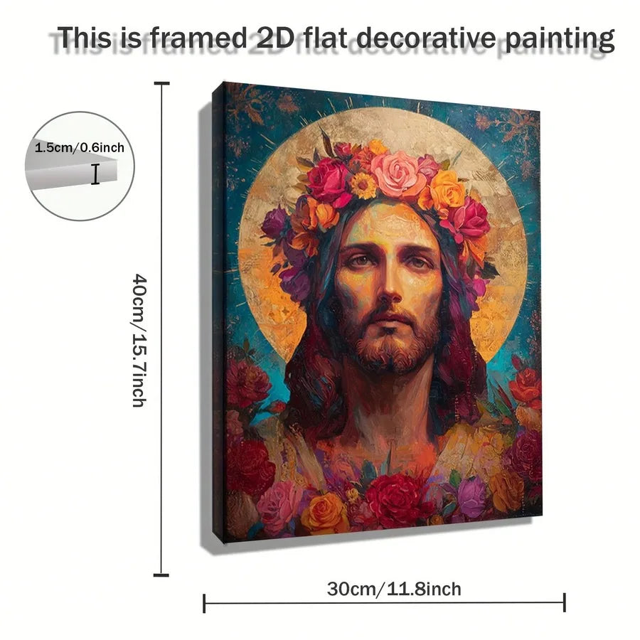 2D Flat Canvas Art Portrait With Floral Crown Sacred Religious Wall Decor