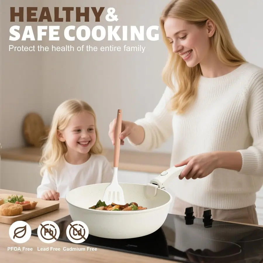 10 pcs Pots and Pan Set Non Stick with Detachable Handle, Ceramic Cookware Set