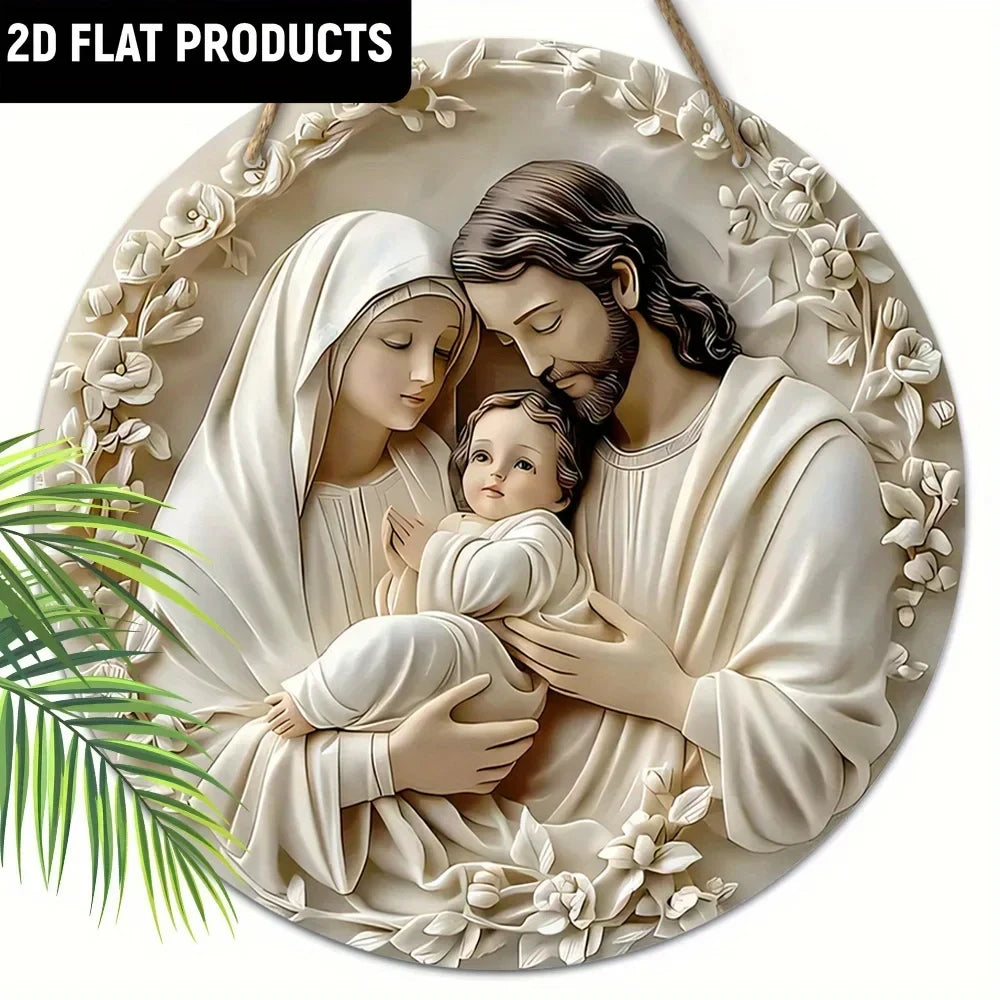 2D Baptism Pray Faith Theme Family Wooden Round Hanging Sign Wall or Door Decor Wall Art