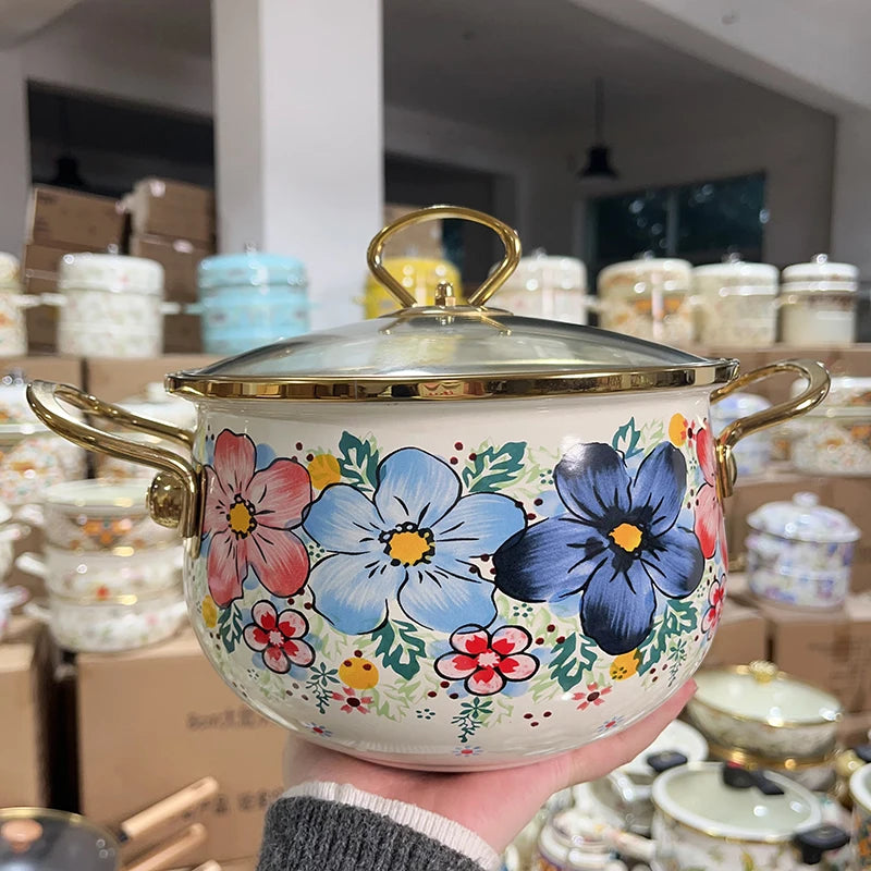 Cookware Enamel Stew Pot Double Handle Classical Flowers Thickened Cooking Pan