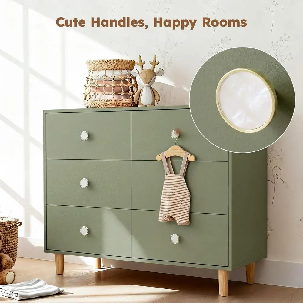White Baby Dresser 6-Drawer Storage Dresser with Solid Wood Legs for Kids Bedroom Wide Chest Organizer for Baby Clothes Toys Nursery Essentials