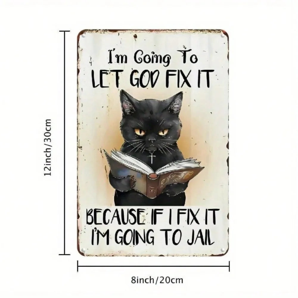 Heavy Wrought Iron Wall Decor - Christian Black Cat with Cross Vintage Hanging Art