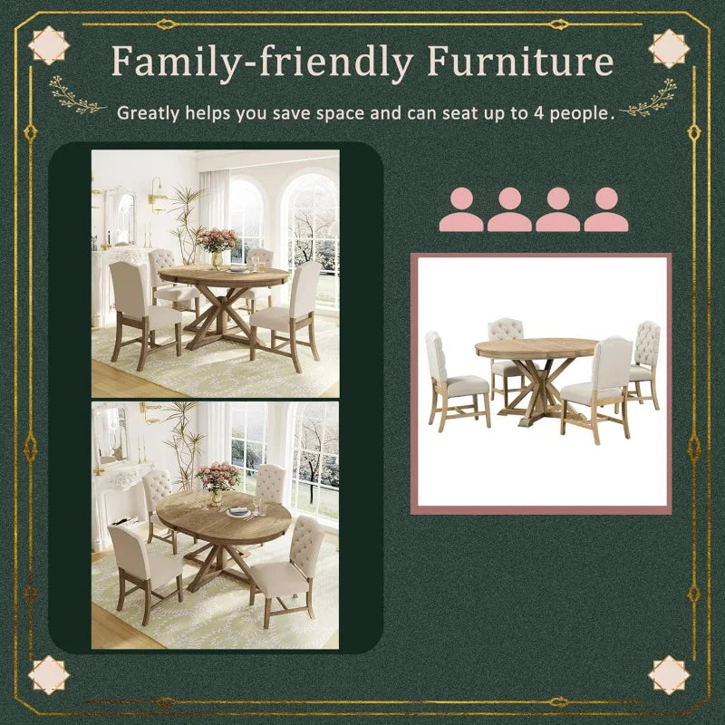 5-Piece Solid Wood Extendable Round Kitchen Table Set with 4