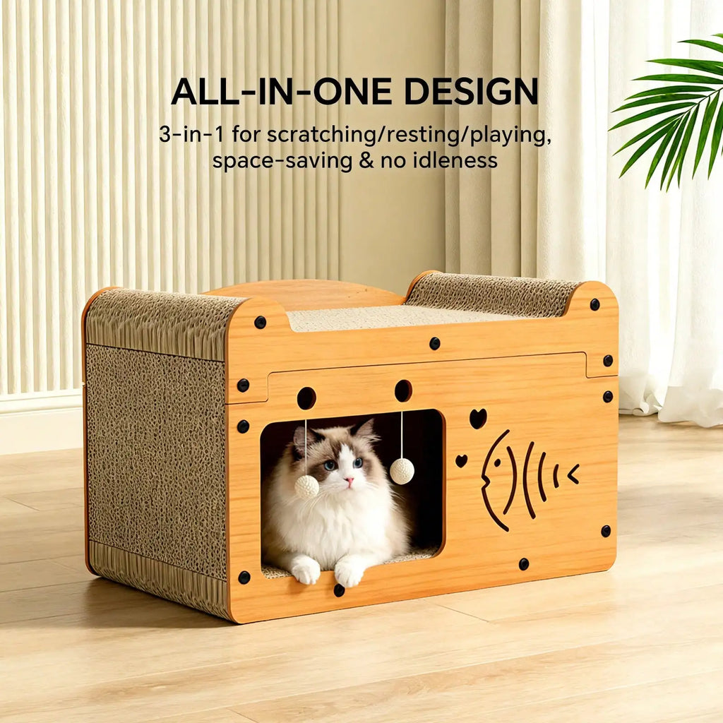 Cat Scratching Board And Resting Bed | Durable Cardboard Scratcher With Hanging Toys, Suitable For Kittens/Adult Cats