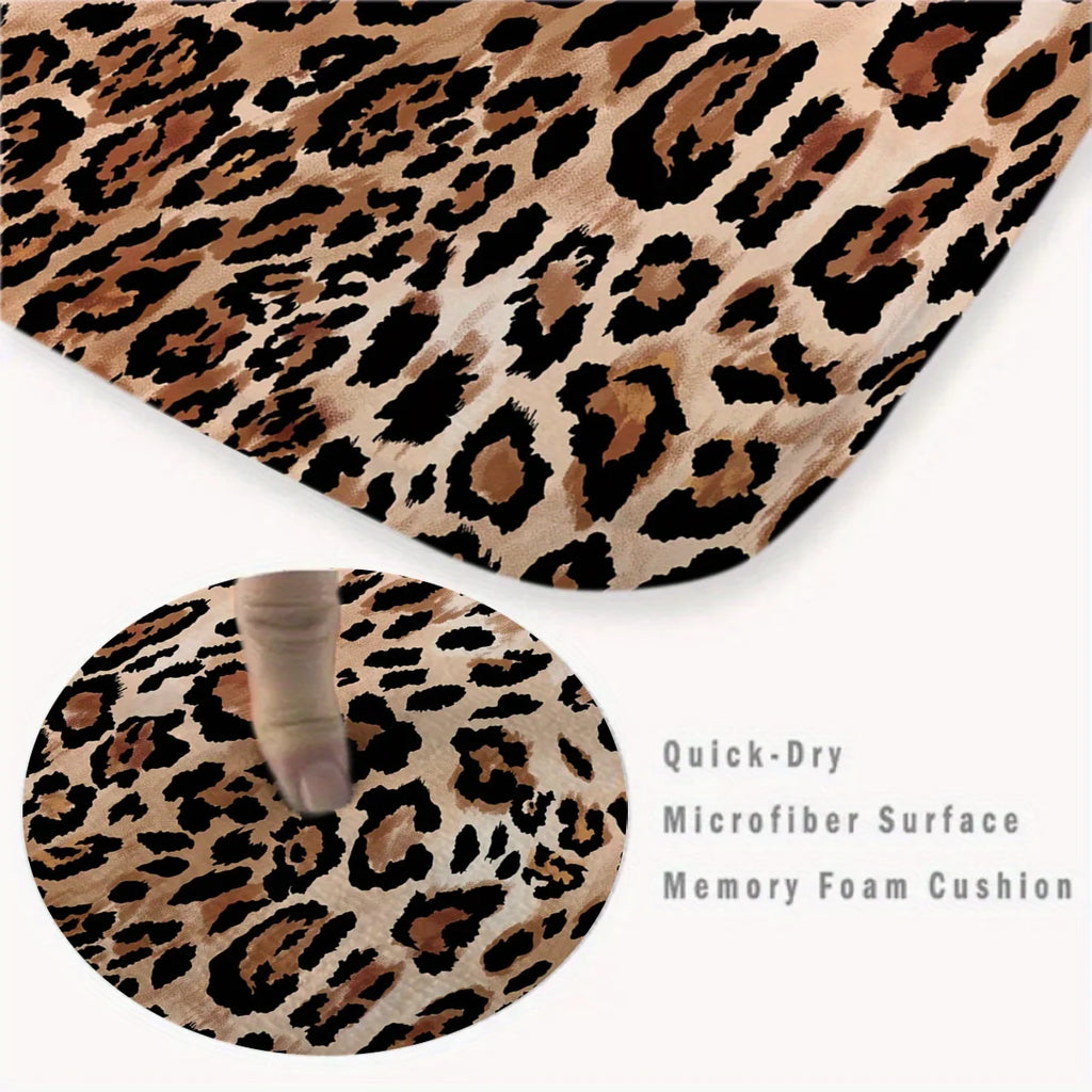 Leopard Pattern Bathroom Mat Set Anti Slip Water Absorbing Quick Drying Shower Room Carpet Toilet Floor Mat