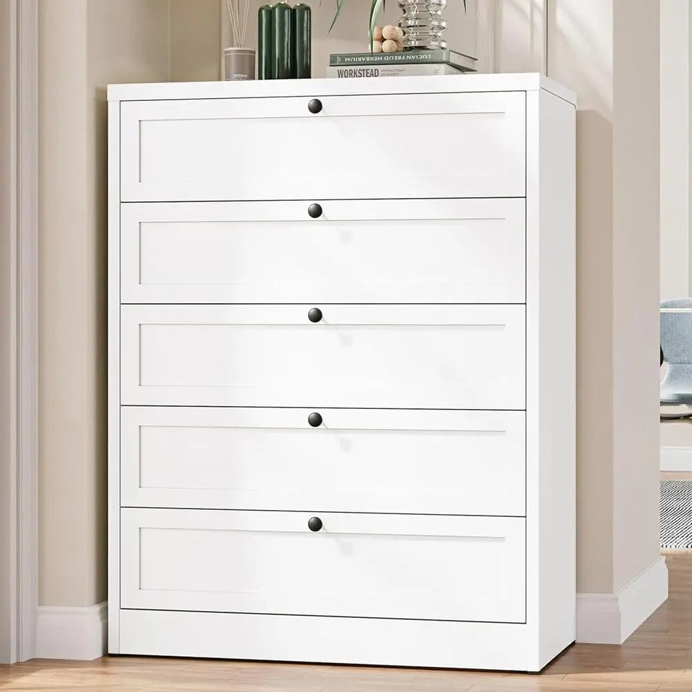 Elegant Tall White Drawer Unit with 5 Metal Closet Drawers, Ideal for Bedroom, Entryway Storage Solutions