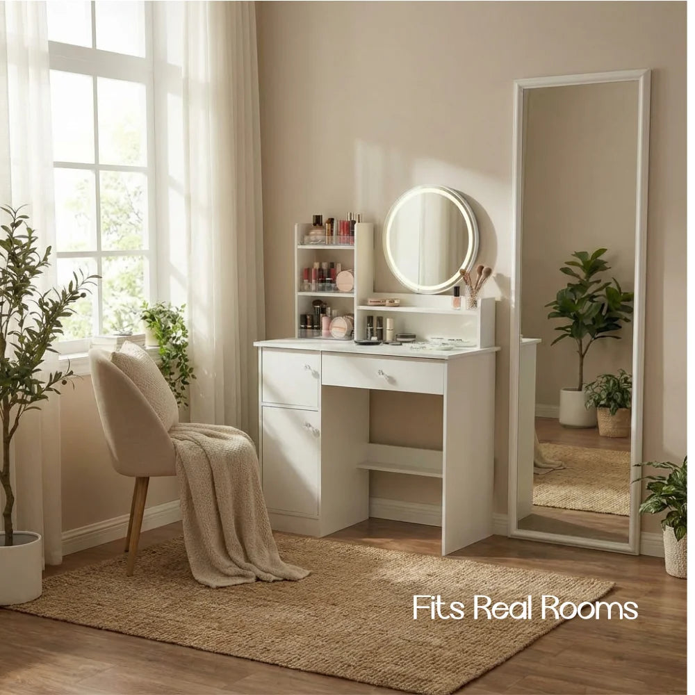 White Crystal Handles Vanity Table
