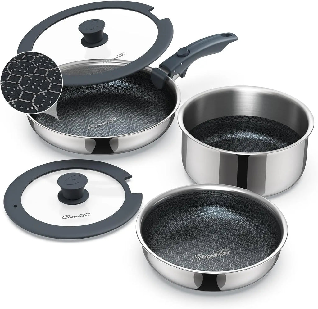 6-Piece Hybrid Stainless Steel Cookware Set with Lids and Detachable Handle