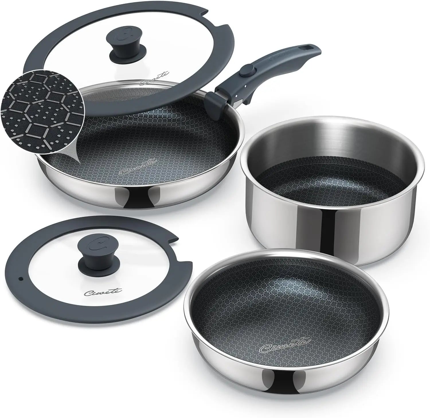 6-Piece Hybrid Stainless Steel Cookware Set with Lids and Detachable Handle