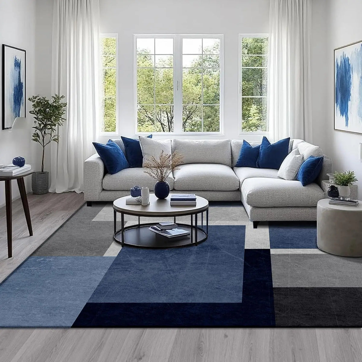 Blue Grey Modern Geometric Area Rug