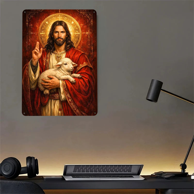 Jesus Christ Holding a Lamb Tinplate Poster Wall Art
