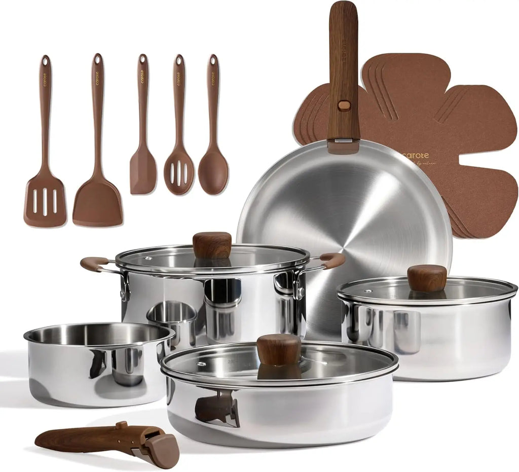 19pcs Stainless Steel Cookware Set with Detachable Handle