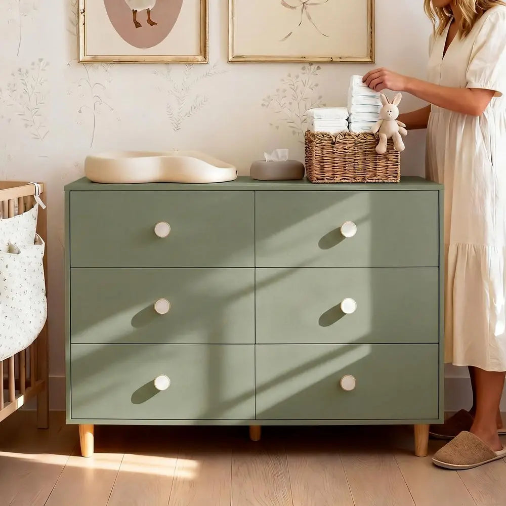 White Baby Dresser 6-Drawer Storage Dresser with Solid Wood Legs for Kids Bedroom Wide Chest Organizer for Baby Clothes Toys Nursery Essentials