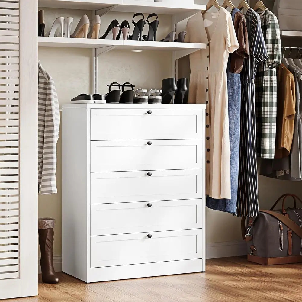 Elegant Tall White Drawer Unit with 5 Metal Closet Drawers, Ideal for Bedroom, Entryway Storage Solutions